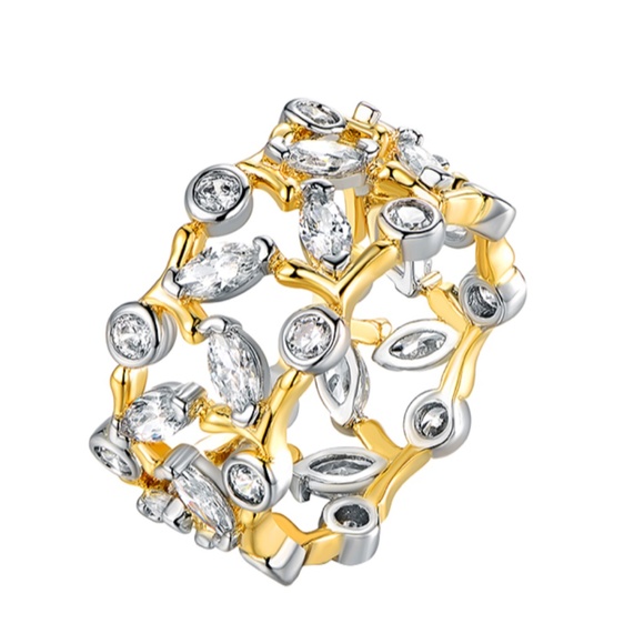 Two Tone Cubic Zirconia Eternity Ring Size 7 Round Marquise Bezel Vine Ring - Picture 3 of 16